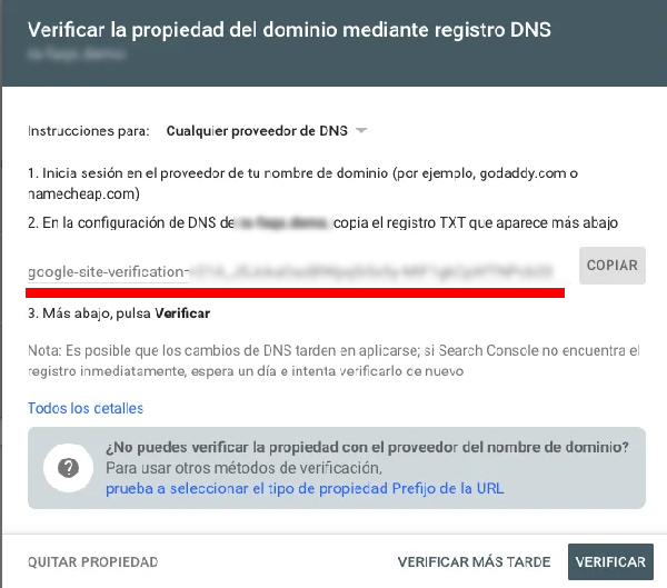 Registro TXT en DNS para Google Search Console
